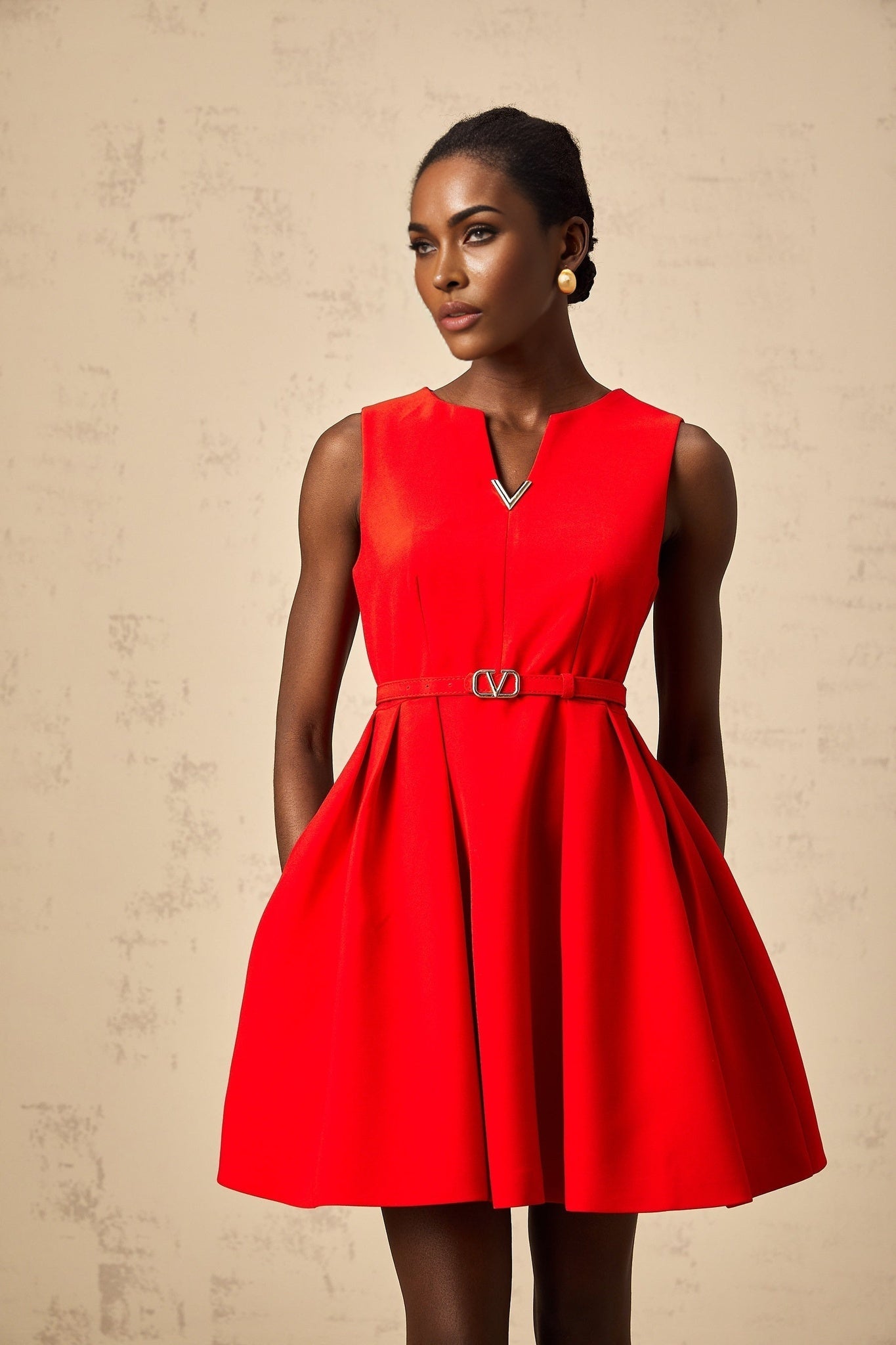 Victoria Mini Dress Flared Red Split Neck & Cinched
