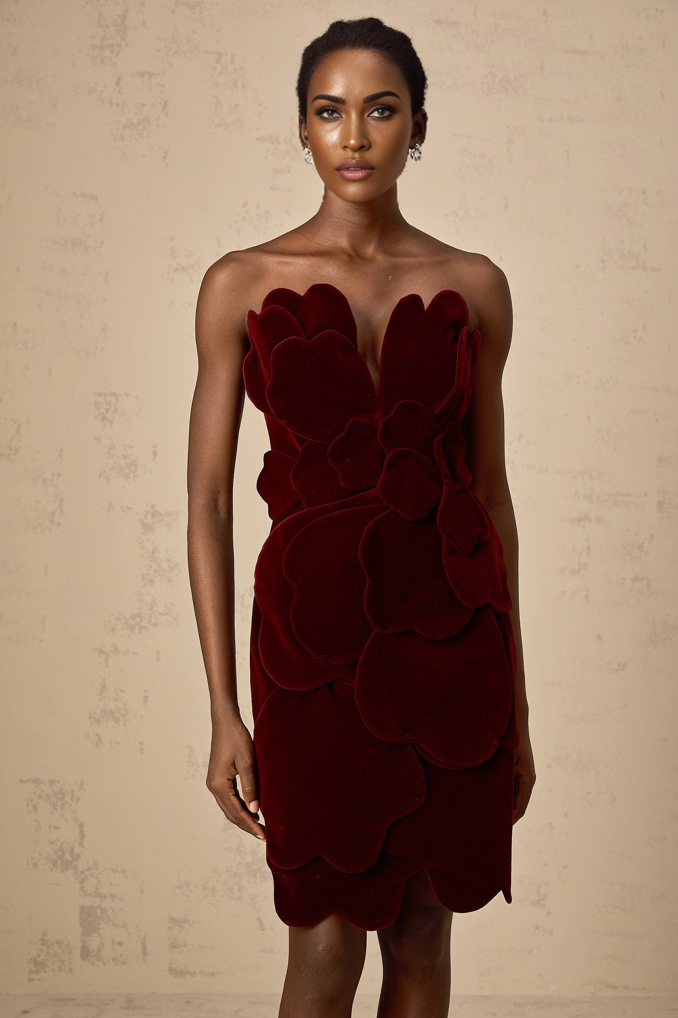 Victoria Mini Dress Red Velvet Floral Applique Layered