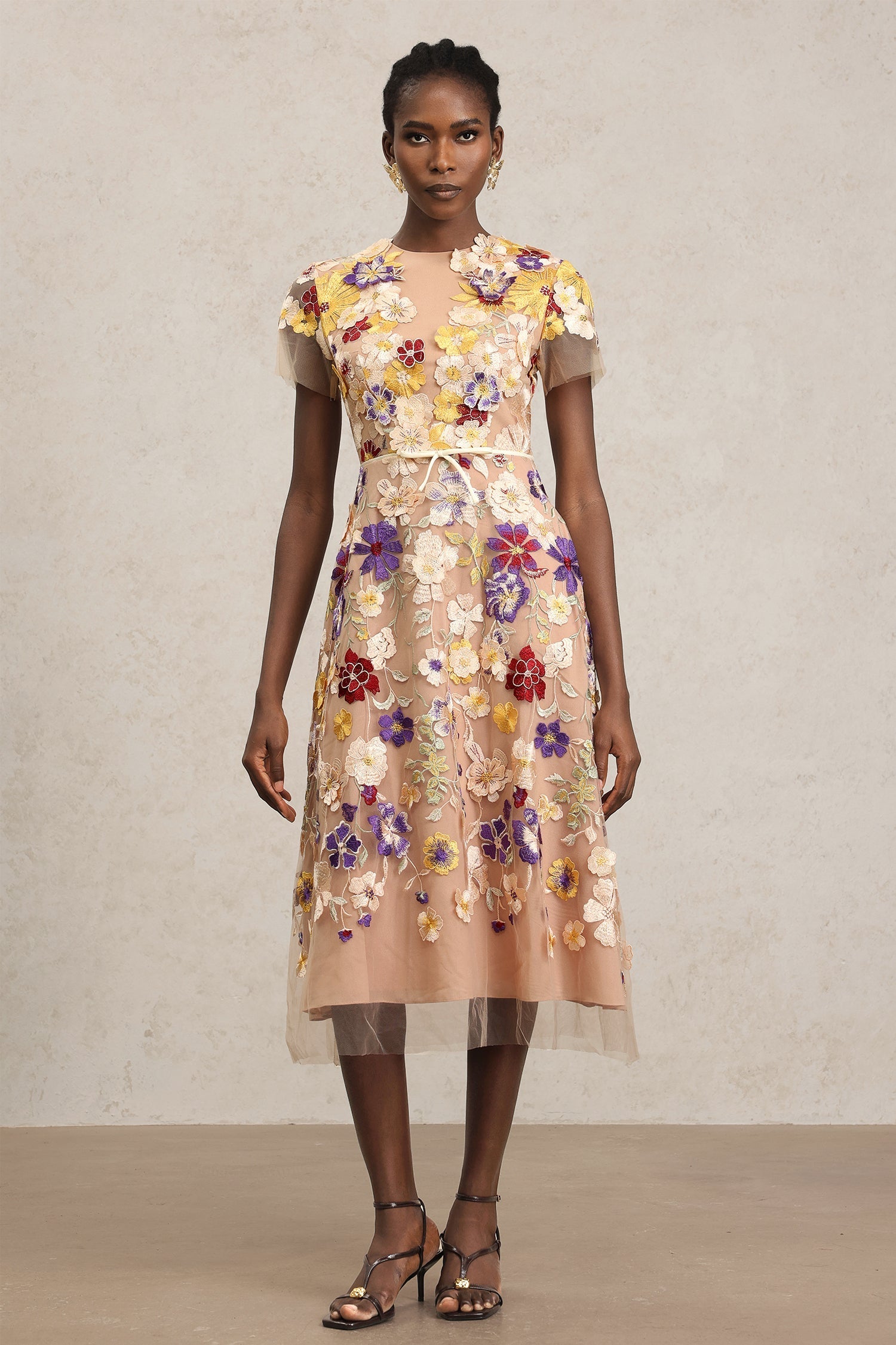 Vincenzina Beige Floral Embroidered Midi Dress with Tulle Sleeves and Belt