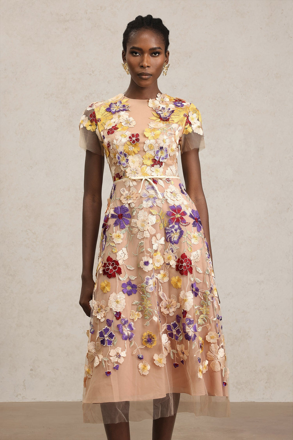 Vincenzina Beige Floral Embroidered Midi Dress with Tulle Overlay and Belt