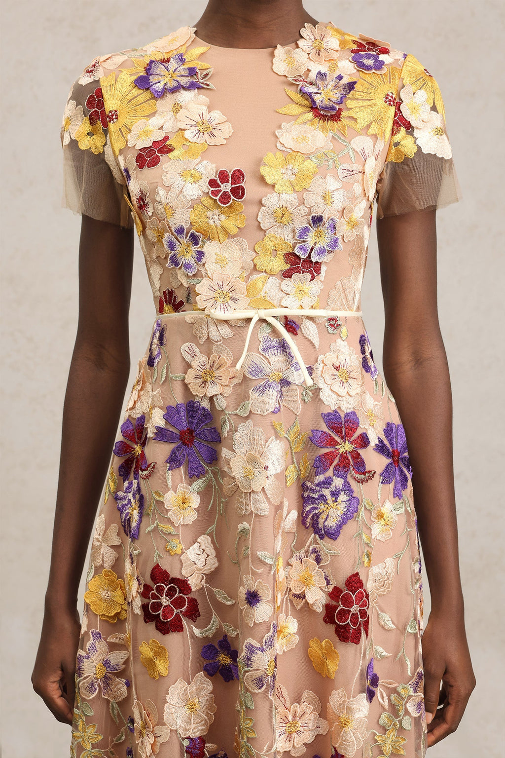 Vincenzina Beige Floral Embroidered Midi Dress with Tulle Overlay and Belt