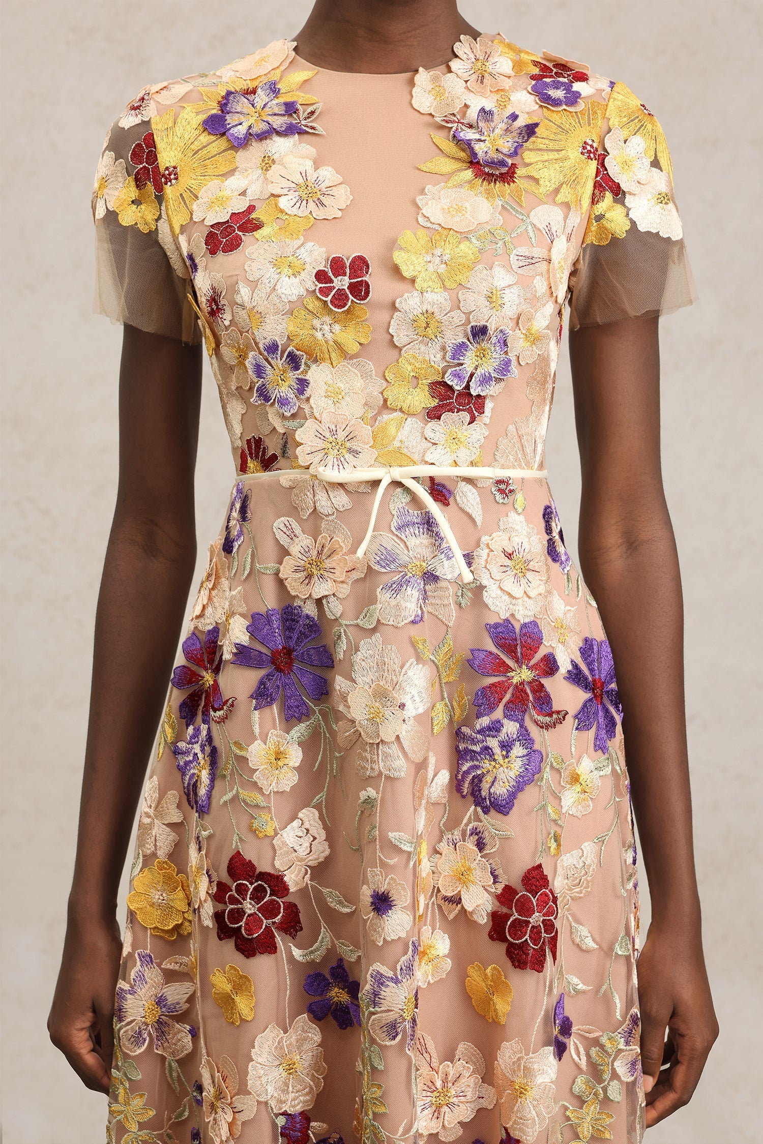 Vincenzina Beige Floral Embroidered Midi Dress with Tulle Overlay and Belt