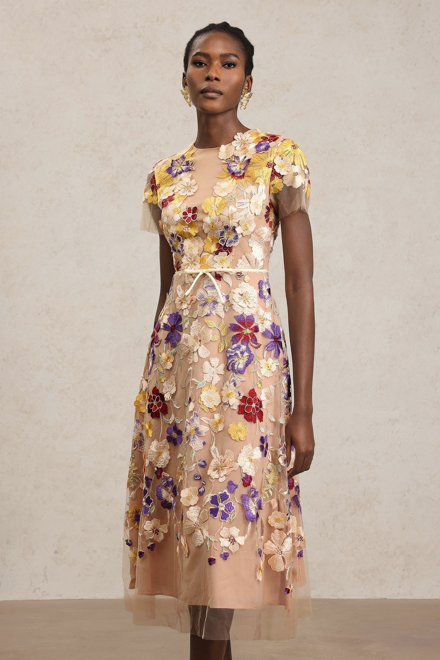 Vincenzina Beige Floral Embroidered Midi Dress with Tulle Overlay and Belt