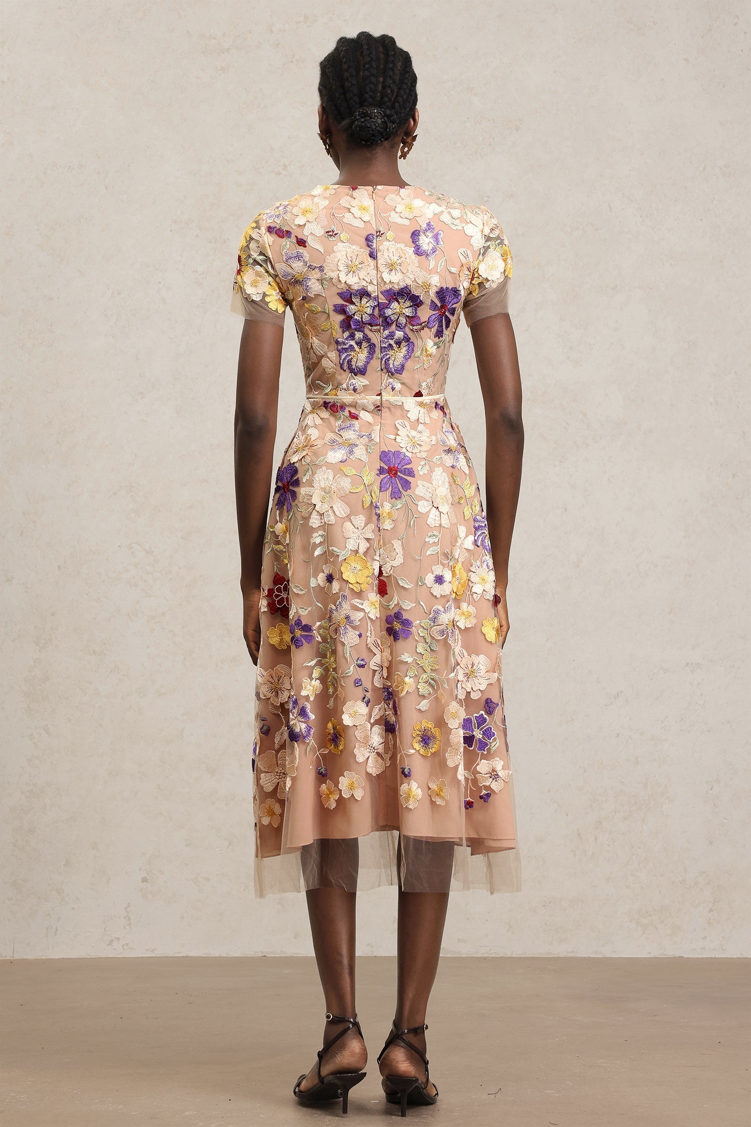 Vincenzina Beige Floral Embroidered Midi Dress with Tulle Overlay and Belt