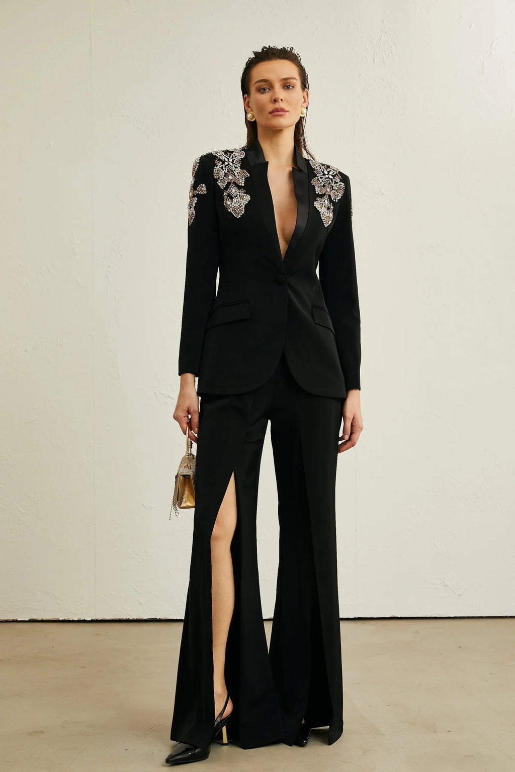Vincenzina Jacket & Trousers Crystal Embellished Black