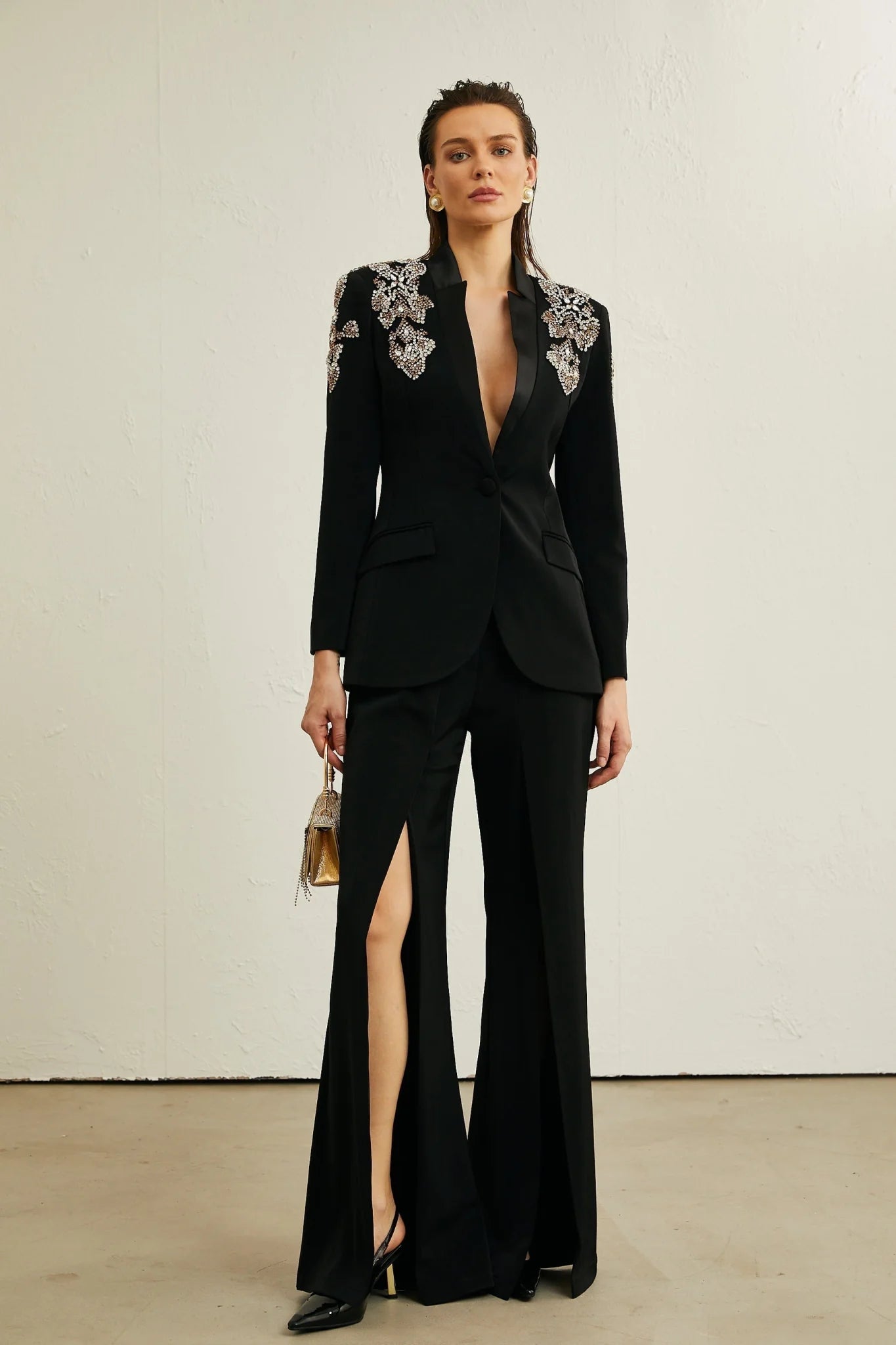 Vincenzina Jacket & Trousers Crystal Embellished Black