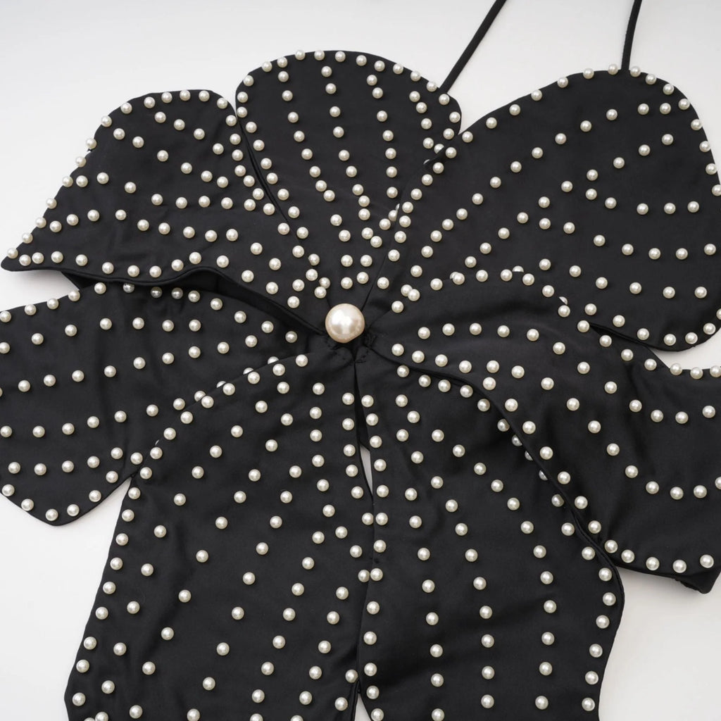 Vincenzina Top Floral Halterneck Pearl Embellished in Black