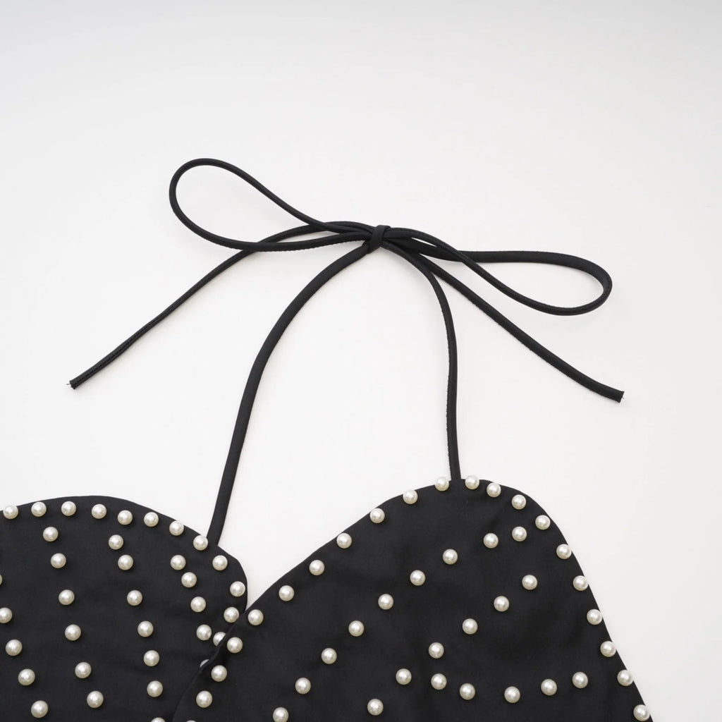 Vincenzina Top Floral Halterneck Pearl Embellished in Black