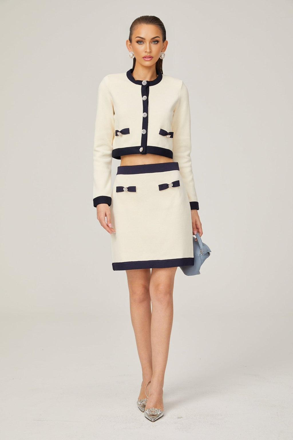 Viola Cardigan & Skirt White Black Bow Detail Matching Set
