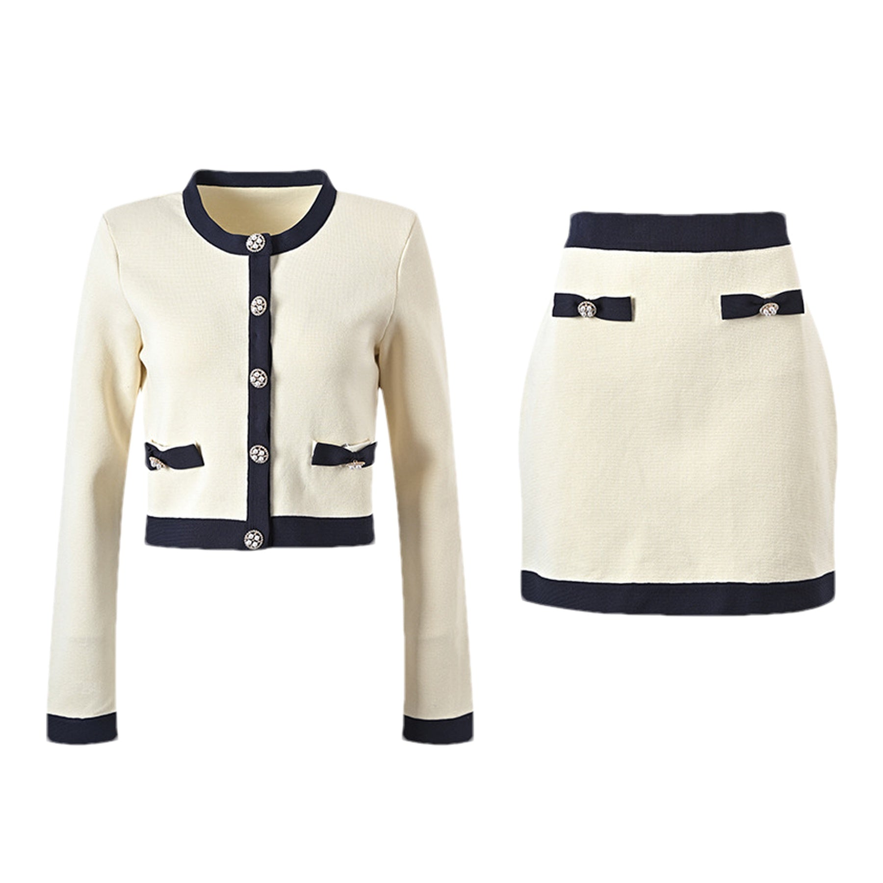 Viola Cardigan & Skirt White Black Bow Detail Matching Set