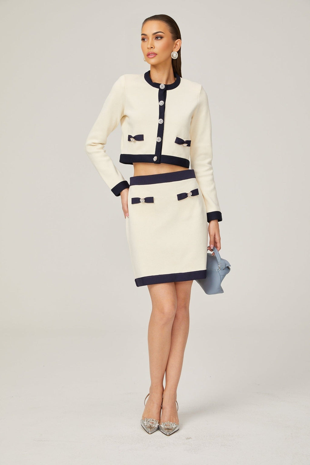 Viola Cardigan & Skirt White Black Bow Detail Matching Set