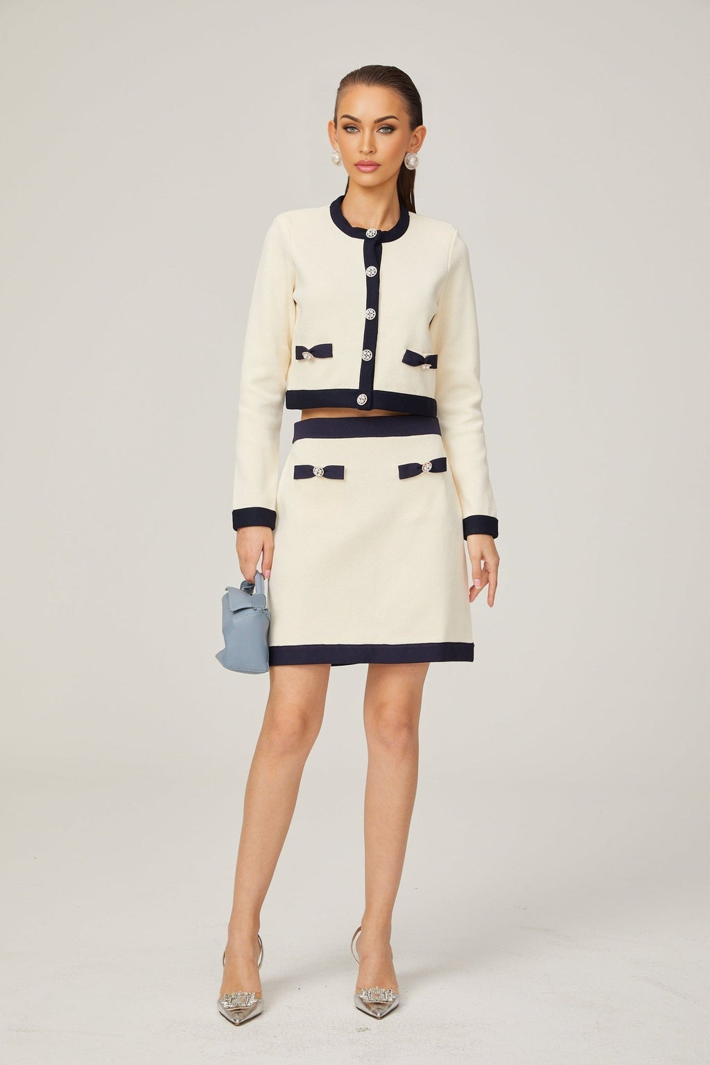 Viola Cardigan & Skirt White Black Bow Detail Matching Set