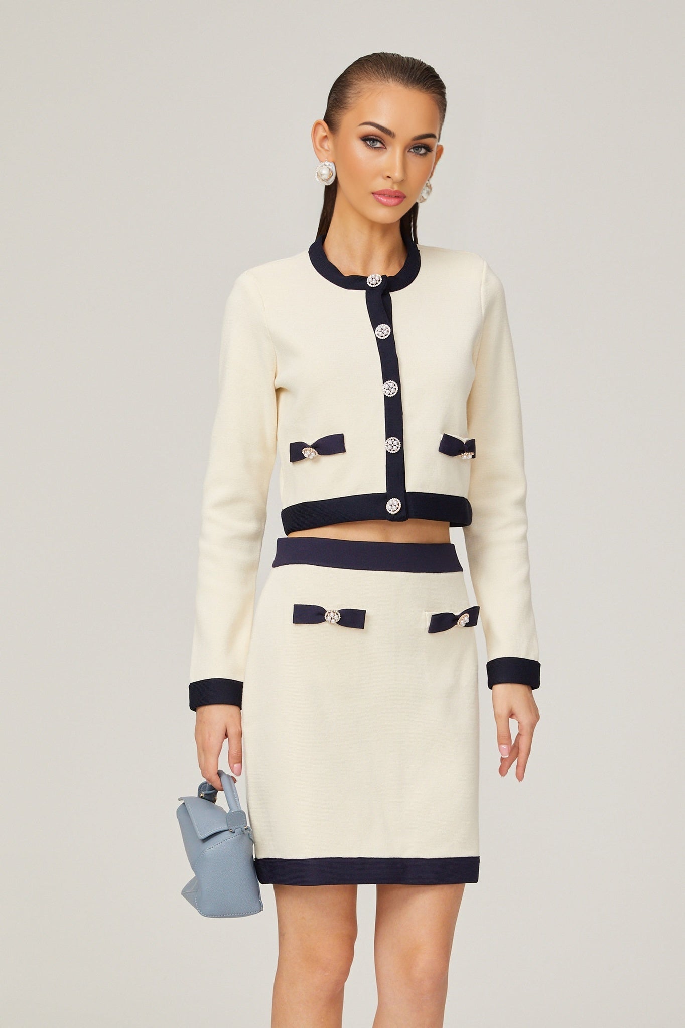 Viola Cardigan & Skirt White Black Bow Detail Matching Set
