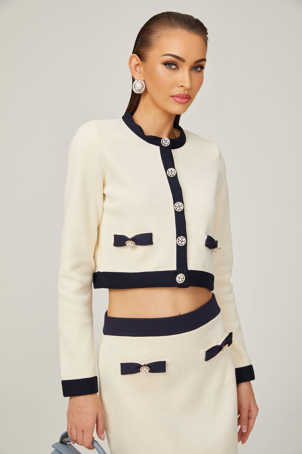 Viola Cardigan & Skirt White Black Bow Detail Matching Set