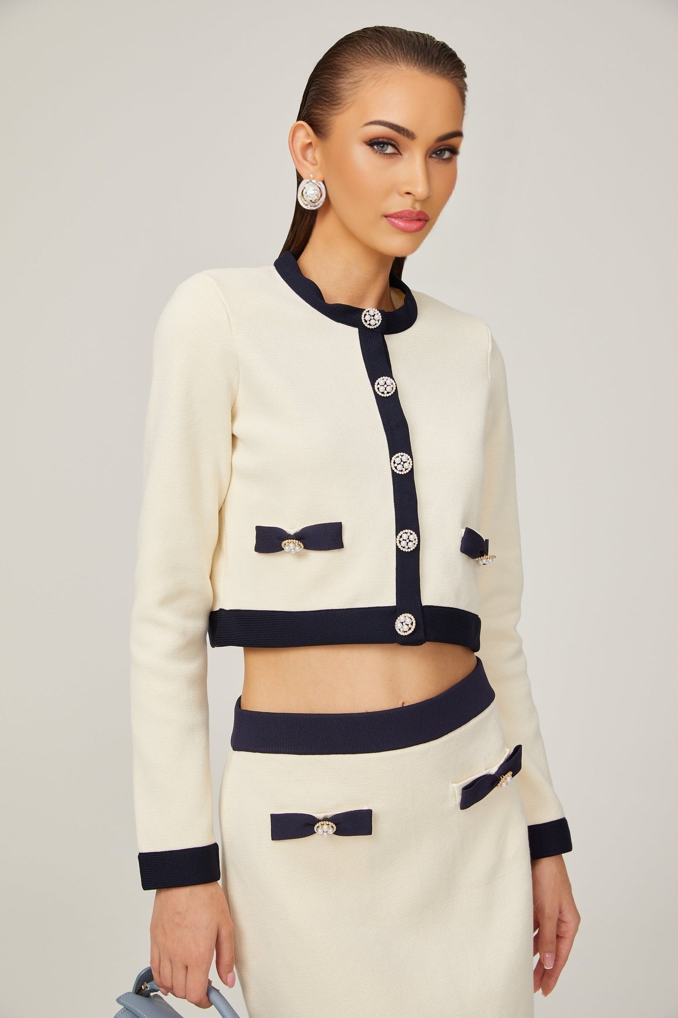 Viola Cardigan & Skirt White Black Bow Detail Matching Set