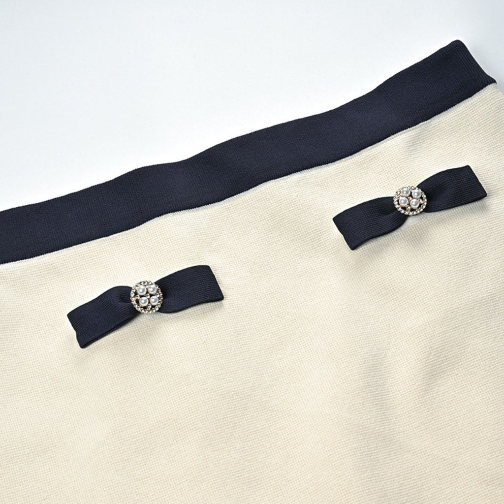Viola Cardigan & Skirt White Black Bow Detail Matching Set