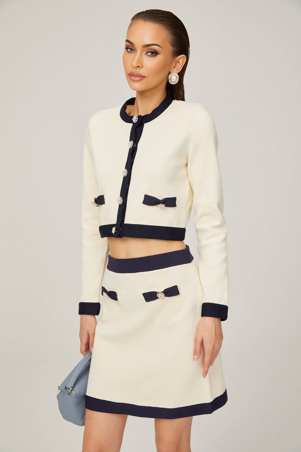 Viola Cardigan & Skirt White Black Bow Detail Matching Set