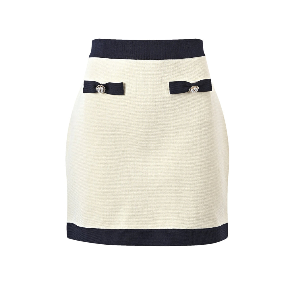 Viola Cardigan & Skirt White Black Bow Detail Matching Set