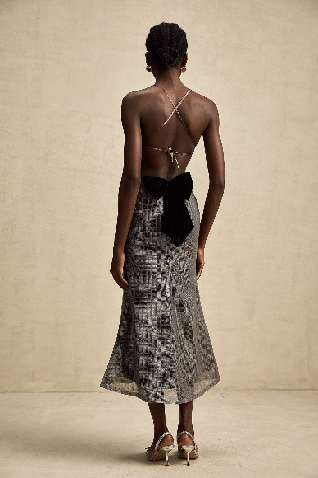 Violaine Grey Sequin Cutout Midi Dress With Bow and Open Back