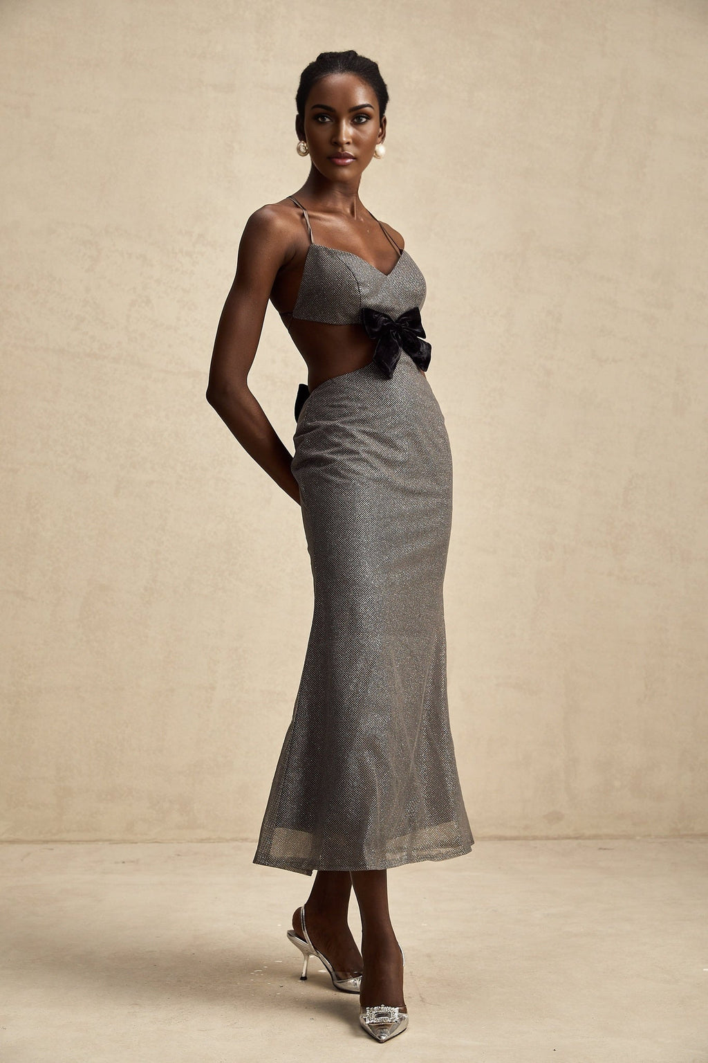Violaine Grey Sequin Cutout Midi Dress With Bow and Open Back