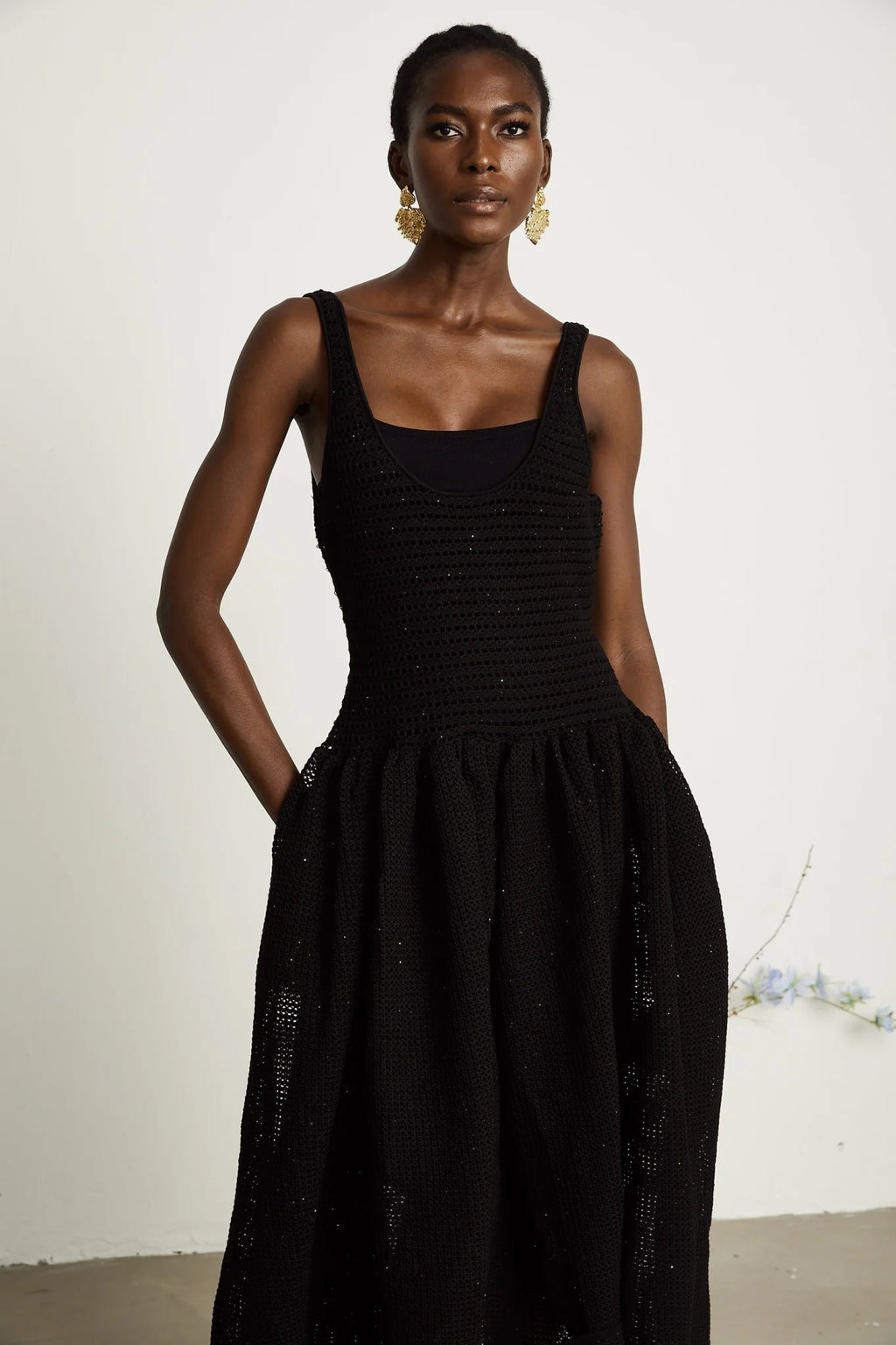 Violet Midi Dress Black Crochet Knit Sequin Flared Skirt