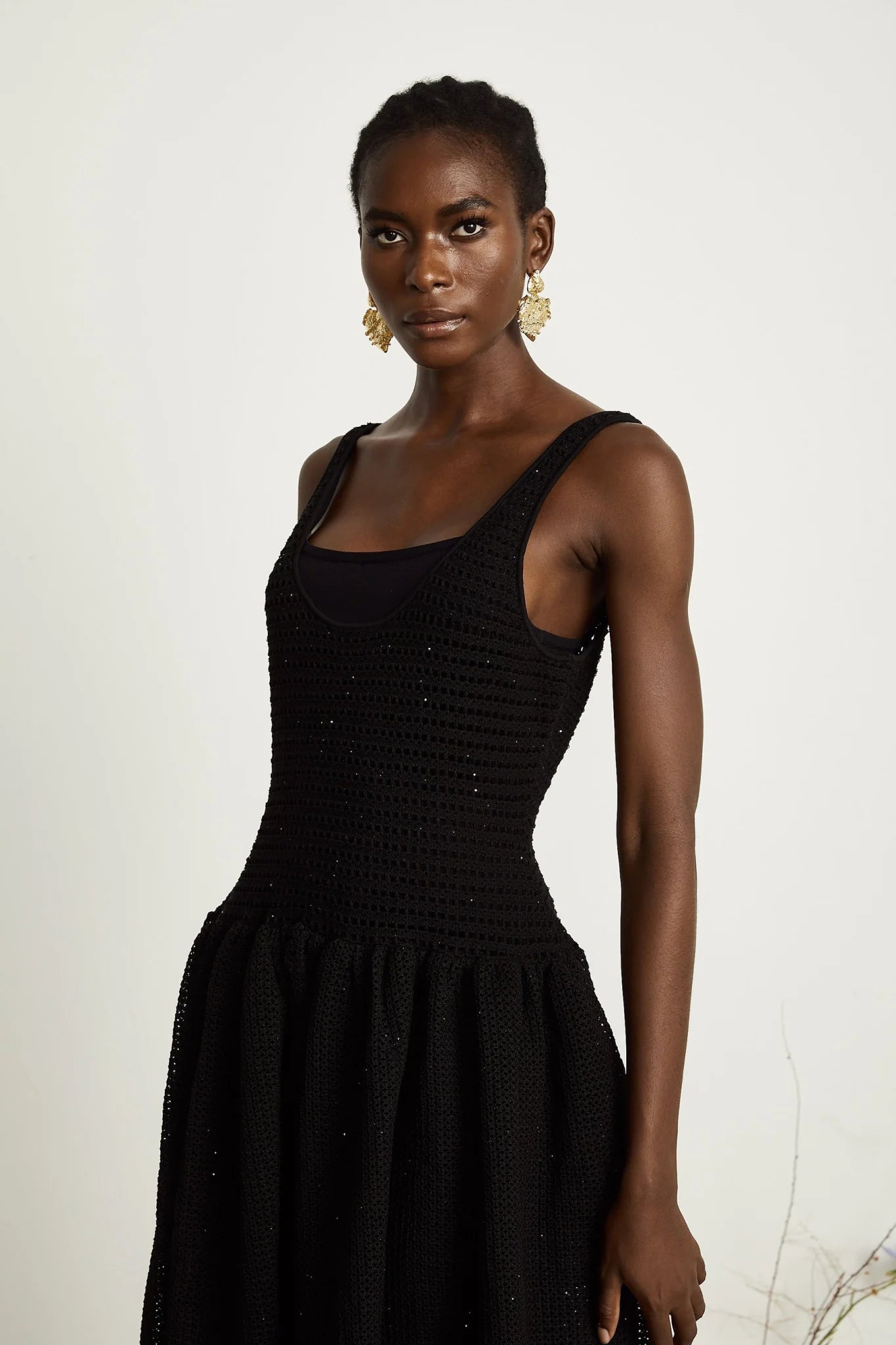 Violet Midi Dress Black Crochet Knit Sequin Flared Skirt
