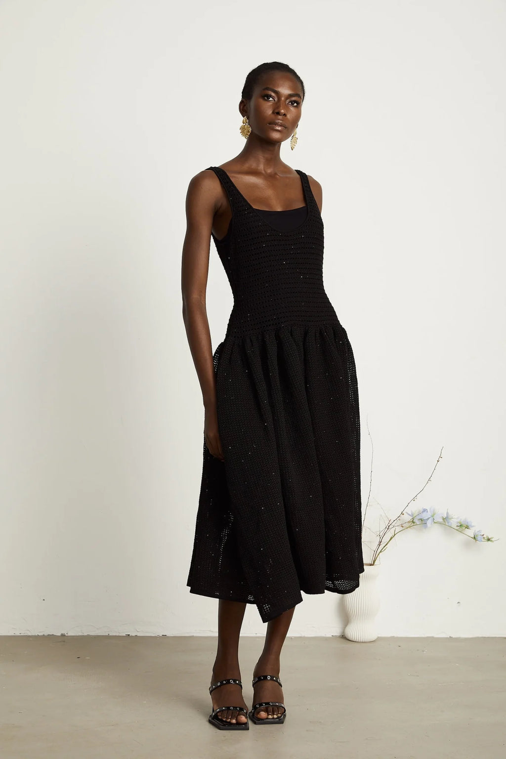 Violet Midi Dress Black Crochet Knit Sequin Flared Skirt