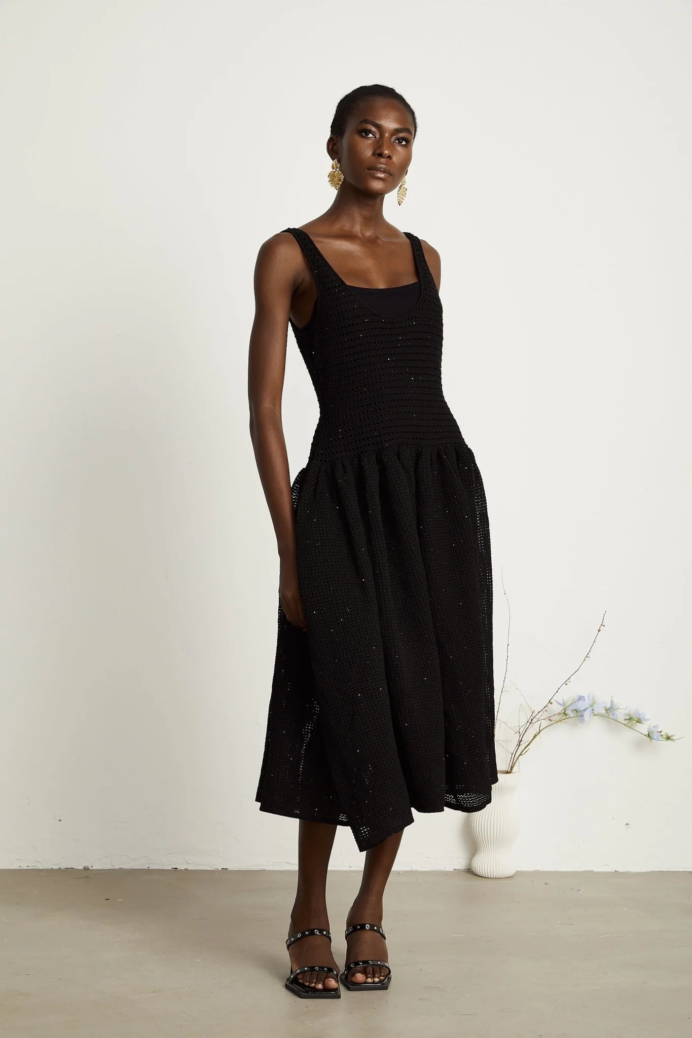 Violet Midi Dress Black Crochet Knit Sequin Flared Skirt