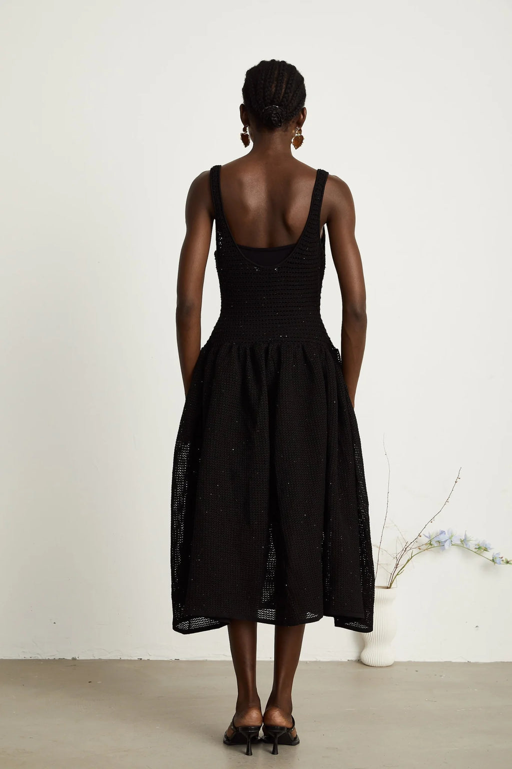 Violet Midi Dress Black Crochet Knit Sequin Flared Skirt