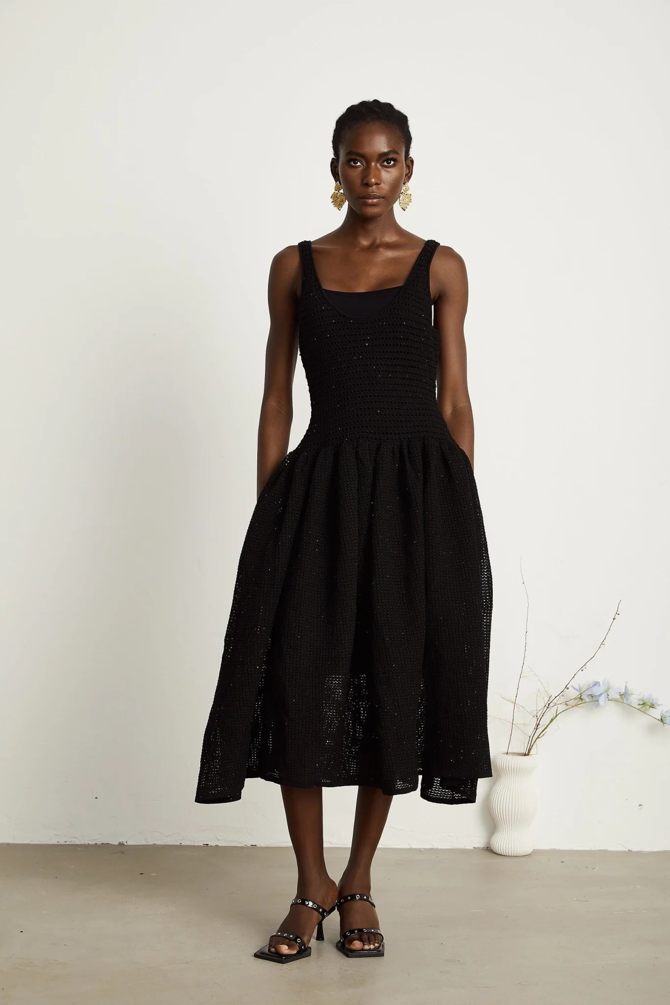 Violet Midi Dress Black Crochet Knit Sequin Flared Skirt
