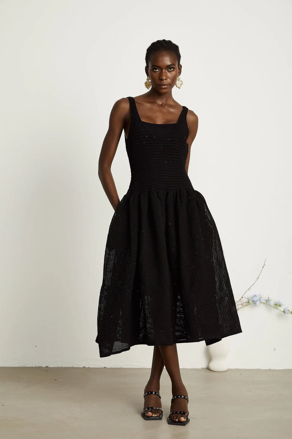 Violet Midi Dress Black Crochet Knit Sequin Flared Skirt