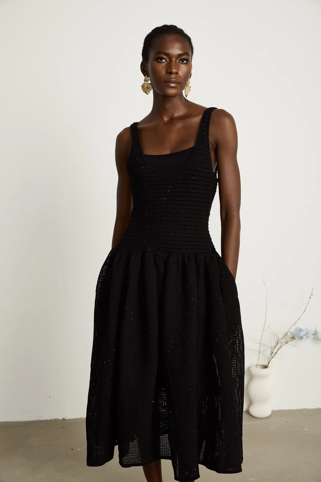 Violet Midi Dress Black Crochet Knit Sequin Flared Skirt