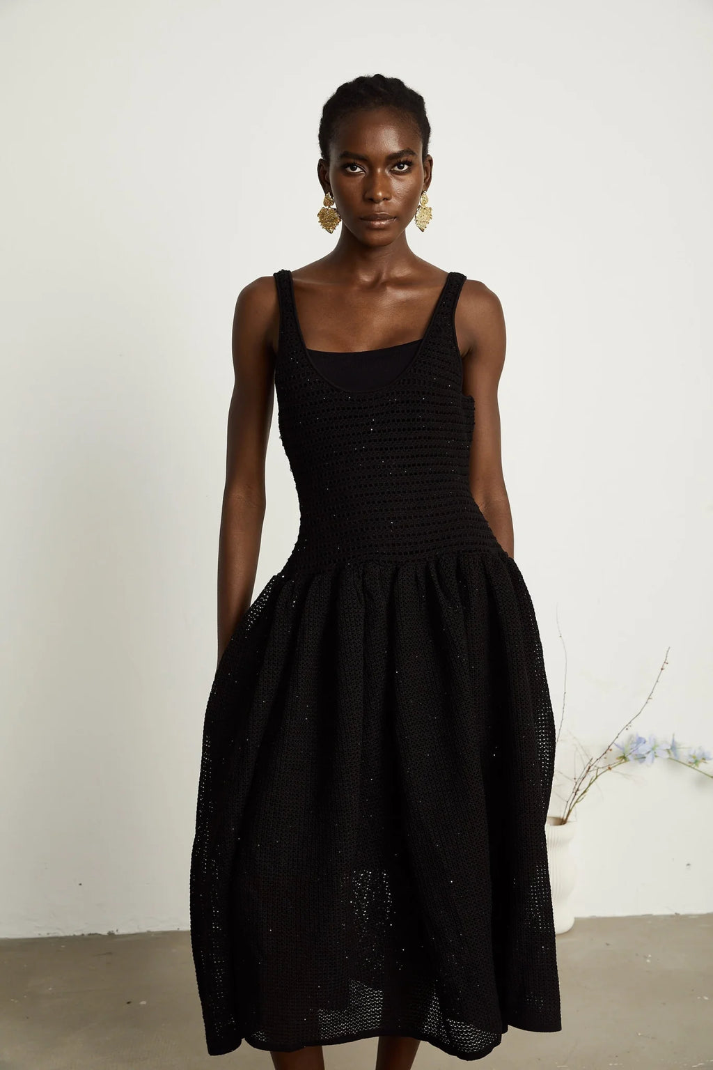 Violet Midi Dress Black Crochet Knit Sequin Flared Skirt