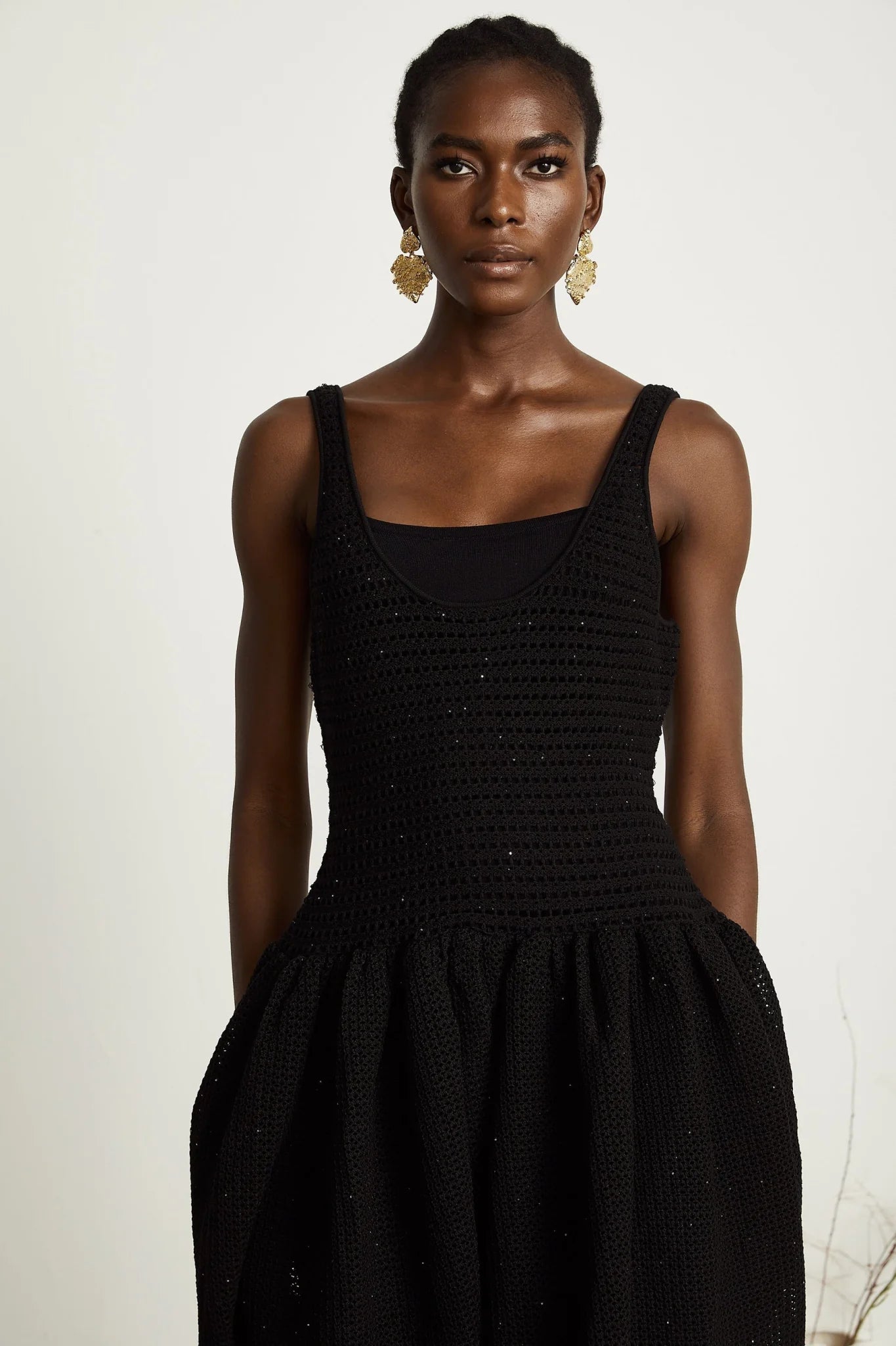 Violet Midi Dress Black Crochet Knit Sequin Flared Skirt