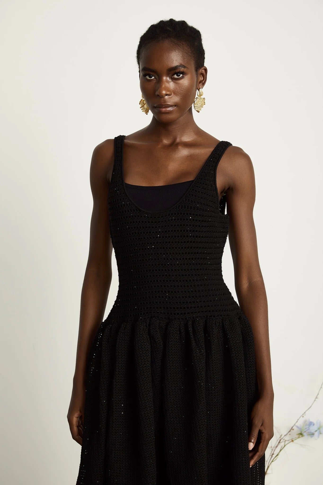 Violet Midi Dress Black Crochet Knit Sequin Flared Skirt