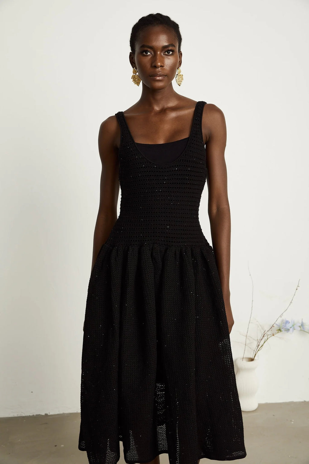 Violet Midi Dress Black Crochet Knit Sequin Flared Skirt
