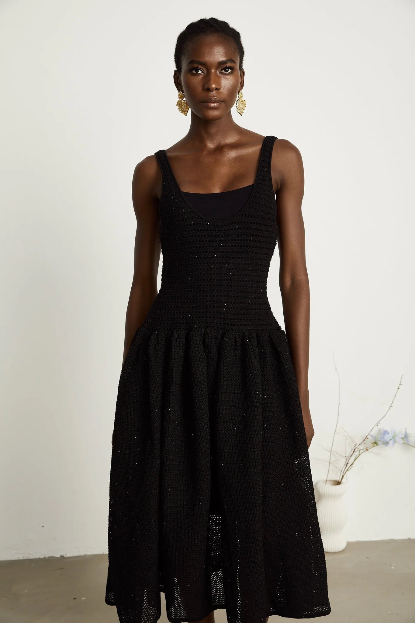Violet Midi Dress Black Crochet Knit Sequin Flared Skirt