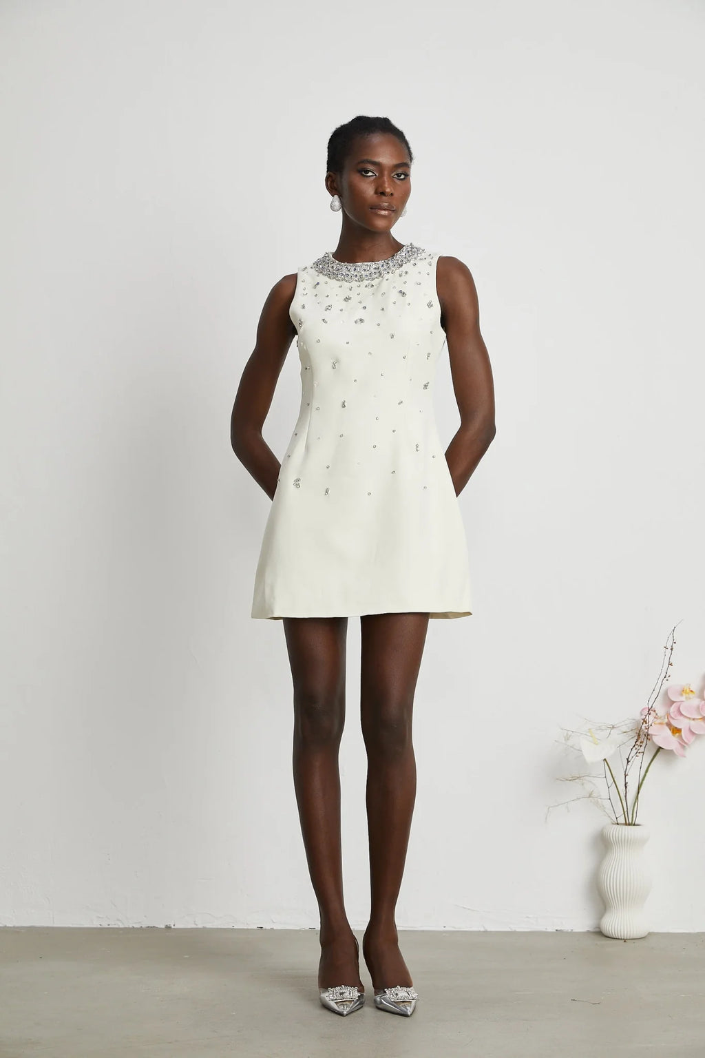 Violet Mini Dress White Crystal Embellished Sleeveless & Rear