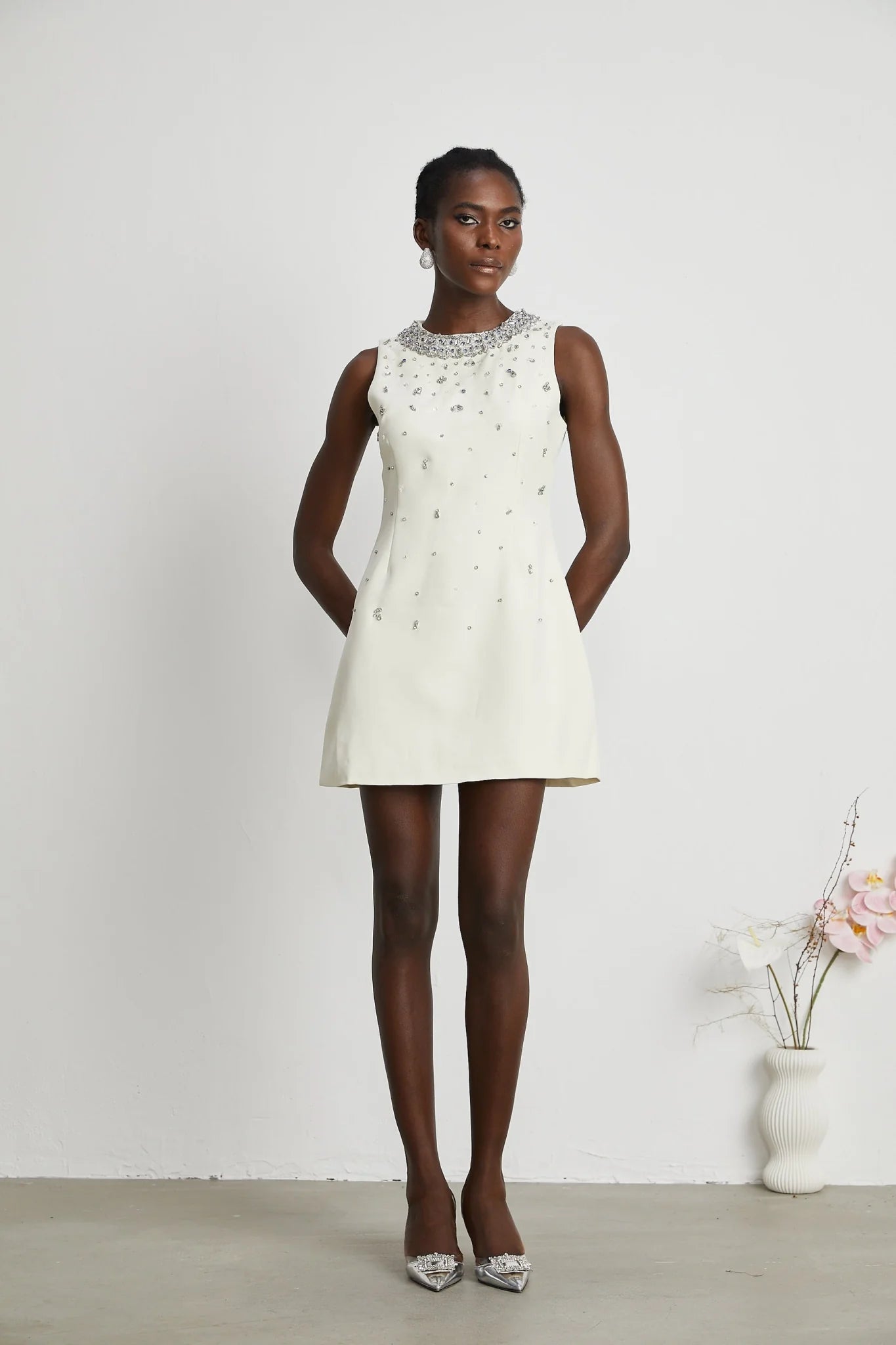 Violet Mini Dress White Crystal Embellished Sleeveless & Rear