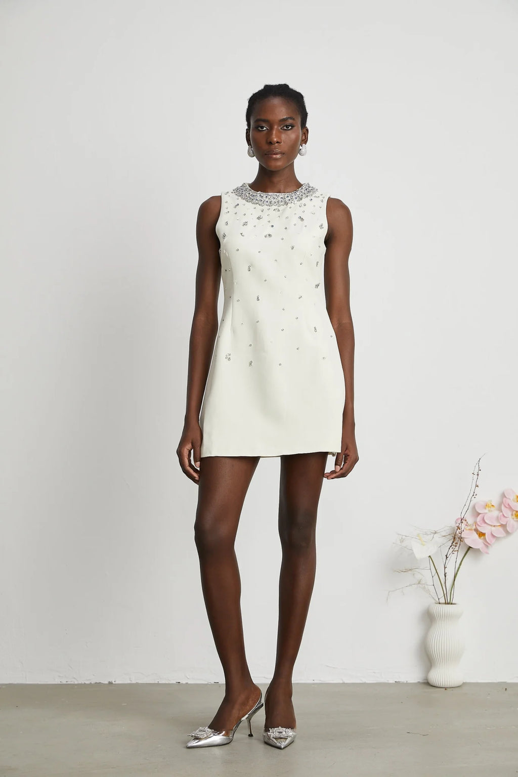 Violet Mini Dress White Crystal Embellished Sleeveless & Rear
