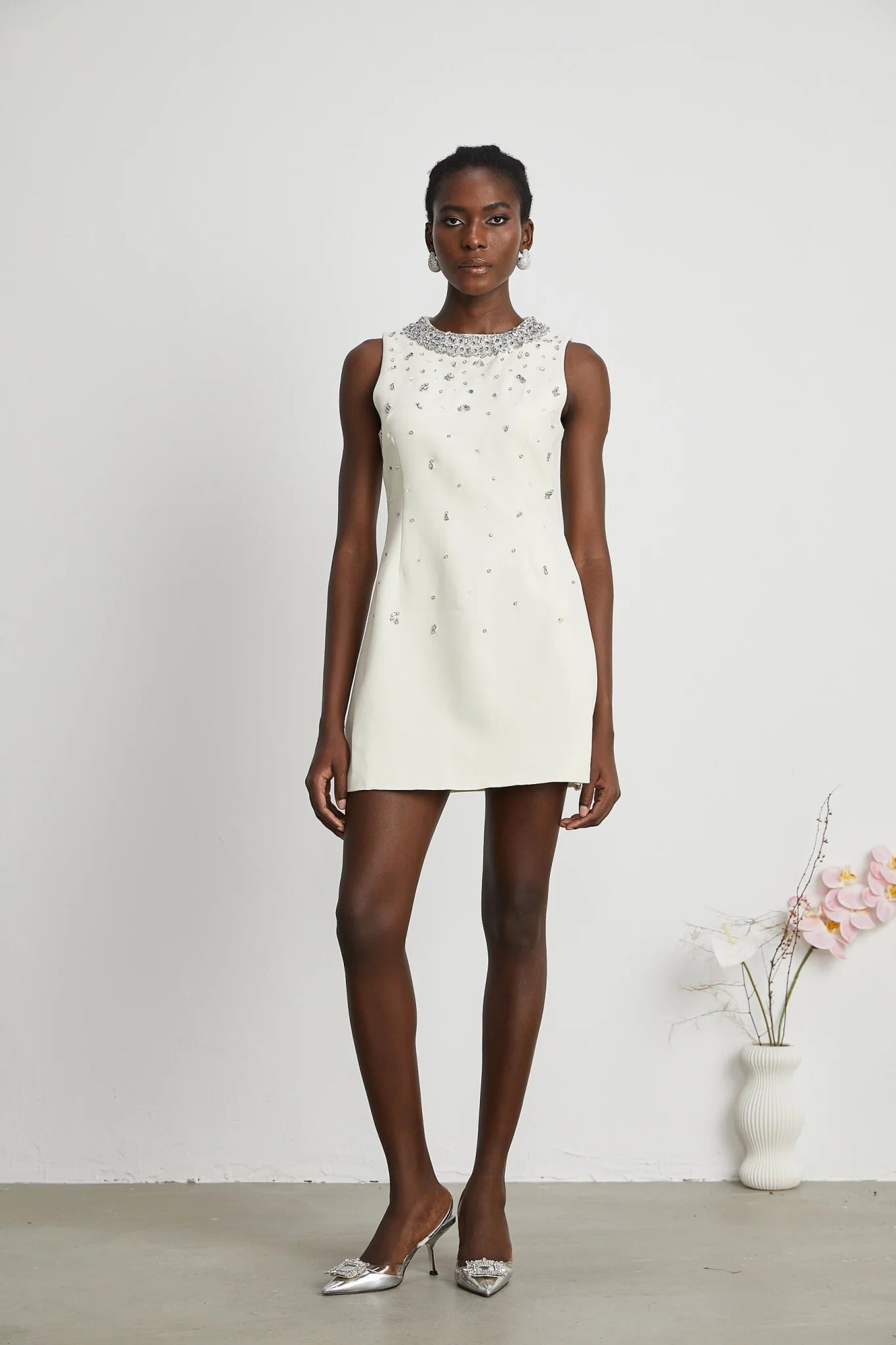 Violet Mini Dress White Crystal Embellished Sleeveless & Rear