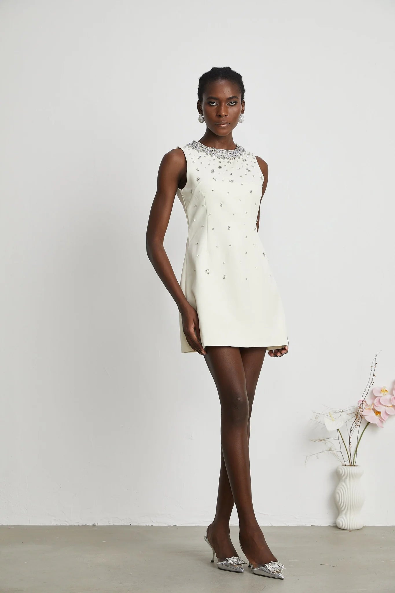 Violet Mini Dress White Crystal Embellished Sleeveless & Rear