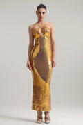 Violetta Gold Sequin Backless Halter Neckline Evening Dress