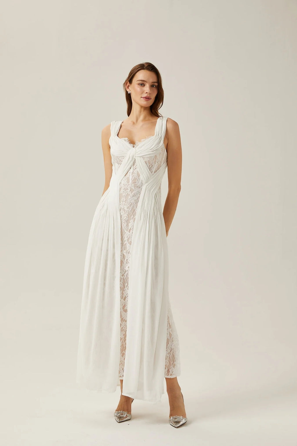 Violetta Maxi Dress in Immaculate White with V - Neck