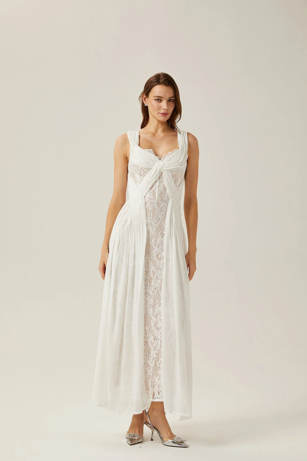 Violetta Maxi Dress in Immaculate White with V - Neck