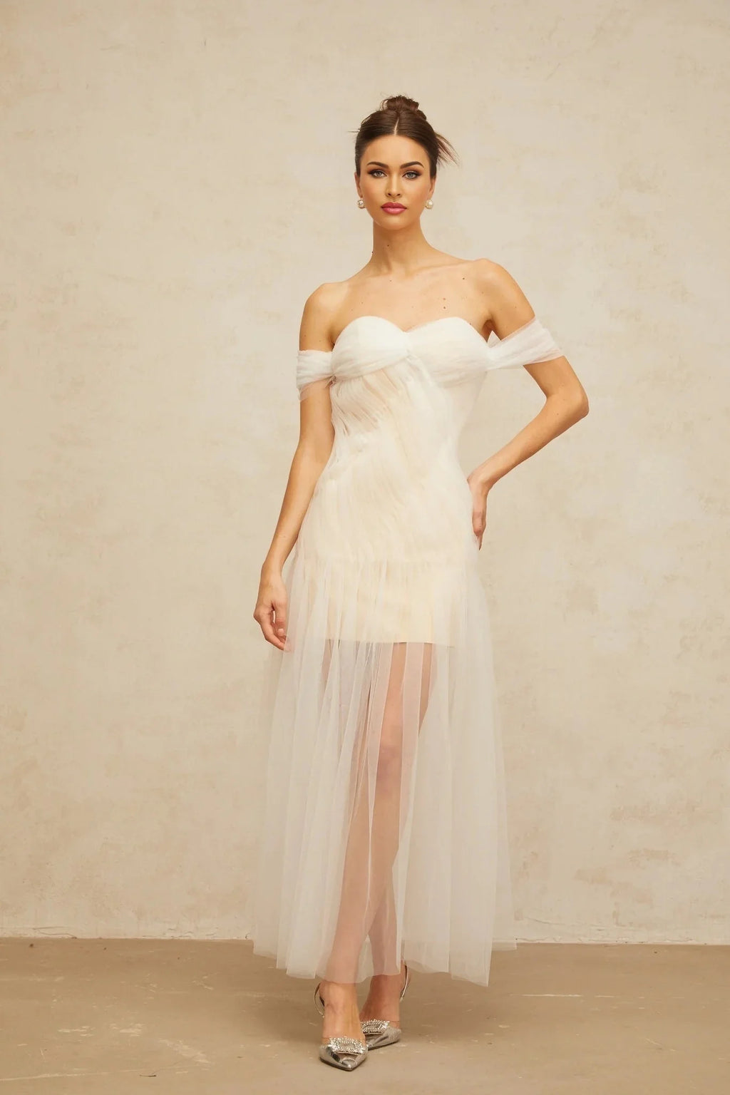Violetta Maxi Dress White Pleated Tulle Off - Shoulder Hemline