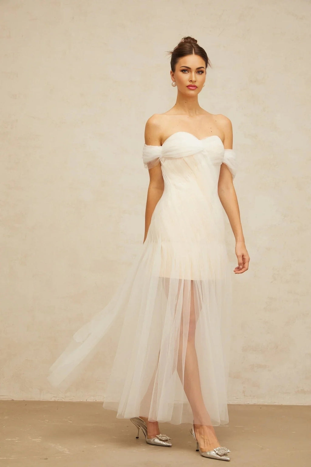 Violetta Maxi Dress White Pleated Tulle Off - Shoulder Hemline