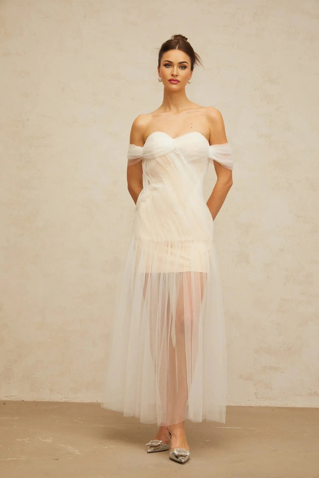 Violetta Maxi Dress White Pleated Tulle Off - Shoulder Hemline