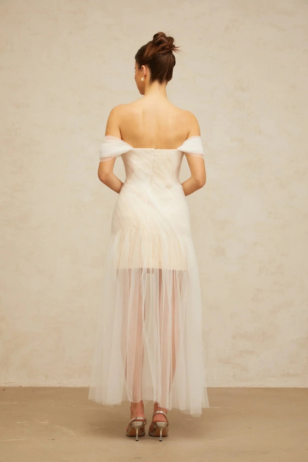 Violetta Maxi Dress White Pleated Tulle Off - Shoulder Hemline