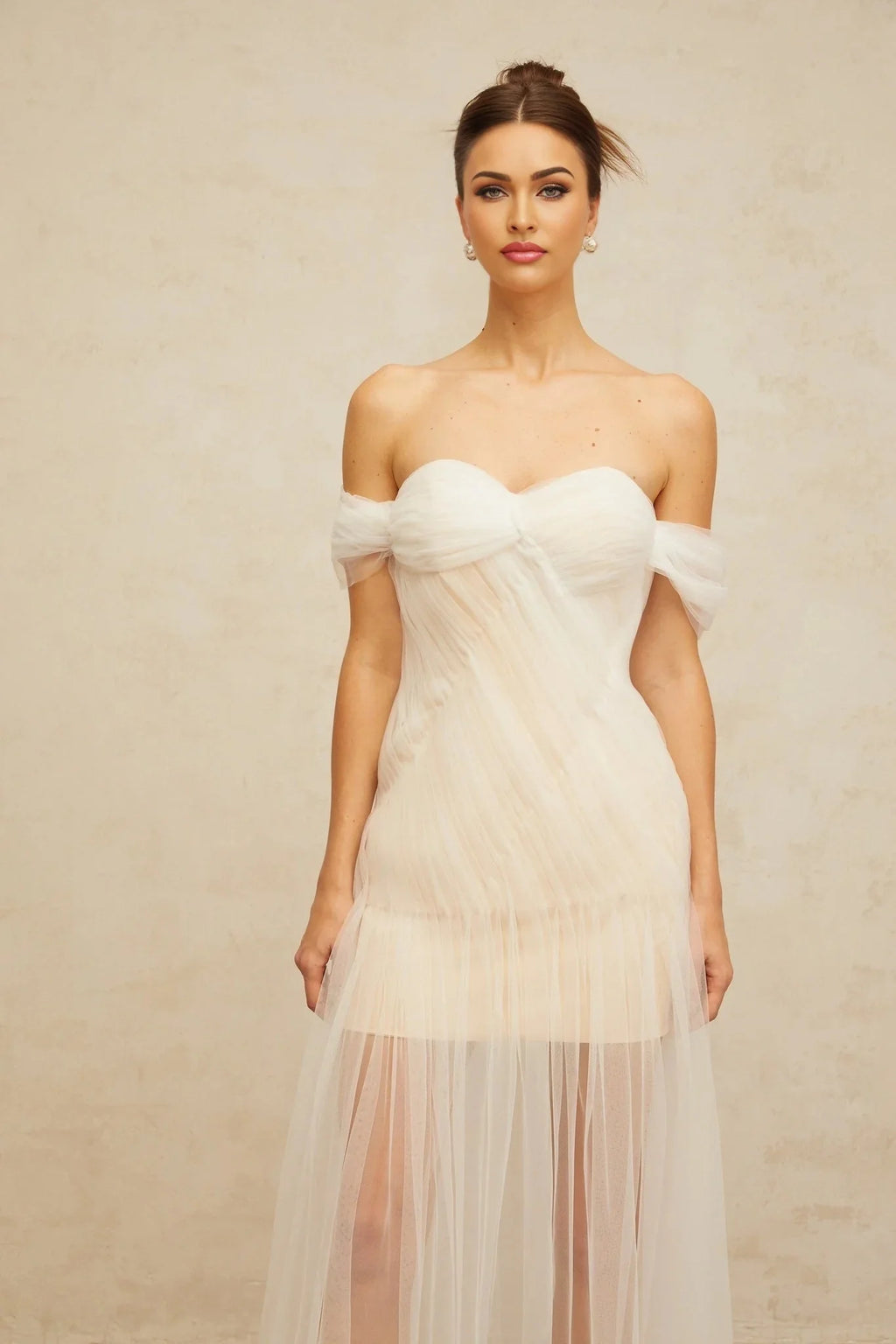Violetta Maxi Dress White Pleated Tulle Off - Shoulder Hemline